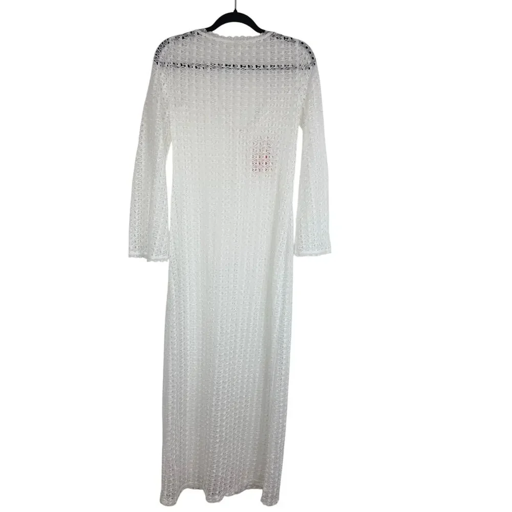 NWT Sunfere Womens Long Sleeve Open Knit Crochet Swimsuit White Cover-Up Dress - Picture 2 of 8